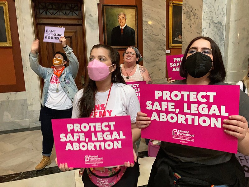 Abortion-rights supporters chant their objections at the Kentucky Capitol in Frankfort, Ky., in April 2022.
(AP/Bruce Schreiner)