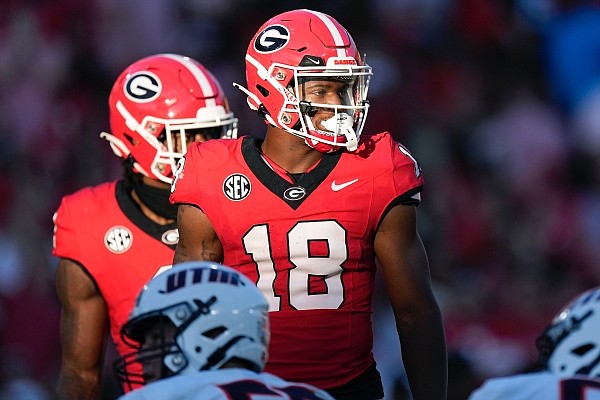 Georgia linebacker Xavian Sorey Jr. (18) is shown during the first half of an NCAA college football game against Tennessee Martin Saturday, Sept. 2, 2023, in Athens, Ga. (AP Photo/John Bazemore)