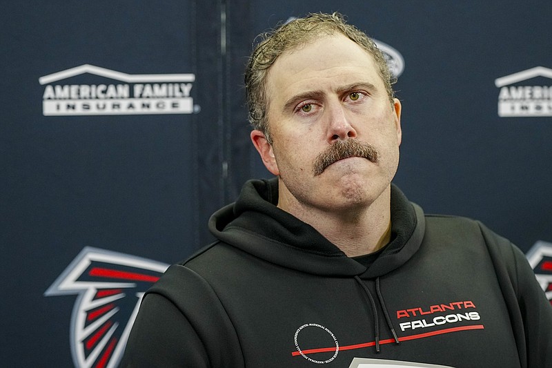 Atlanta Falcons head coach Arthur Smith speaks during a news conference after his team's loss to the Carolina Panthers in an NFL football game Sunday, Dec. 17, 2023, in Charlotte, N.C. (AP Photo/Rusty Jones)