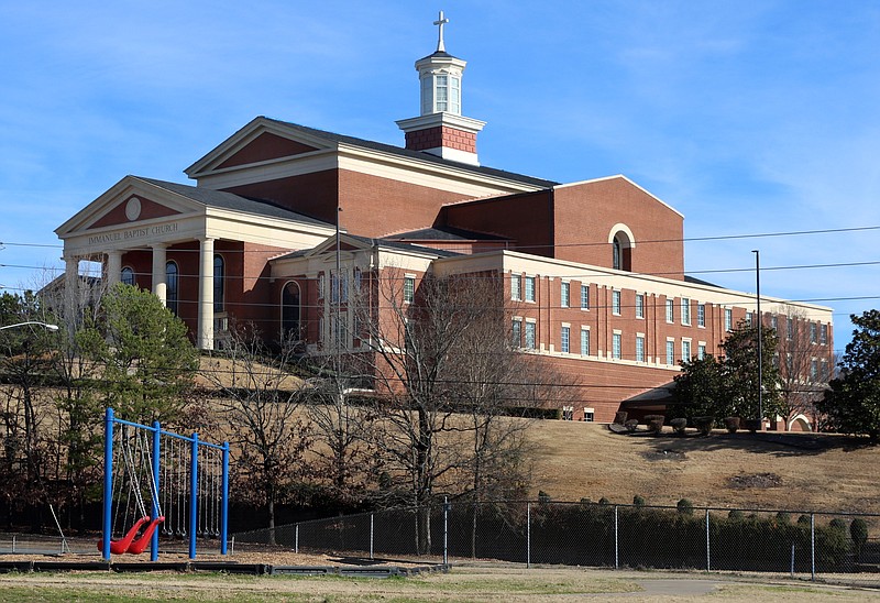 The playground at Terry Elementary School, located at 10800 Mara Lynn Rd. in Little Rock, is seen in the foreground while Immanuel Baptist Church, located at 501 N. Shackleford Rd., is visible in the background on Tuesday, Dec. 19, 2023. (Arkansas Democrat-Gazette/Kyle McDaniel)