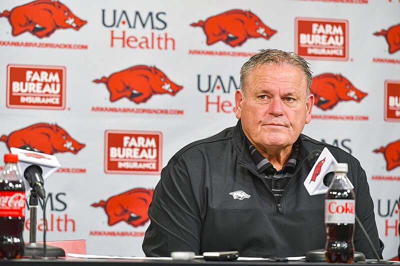 Arkansas head football coach Sam Pittman speaks about the early signing period, Wednesday, Dec. 20, 2023, during a press conference at Donald W. Reynolds Razorback Stadium in Fayetteville. 
(NWA Democrat-Gazette/Hank Layton)