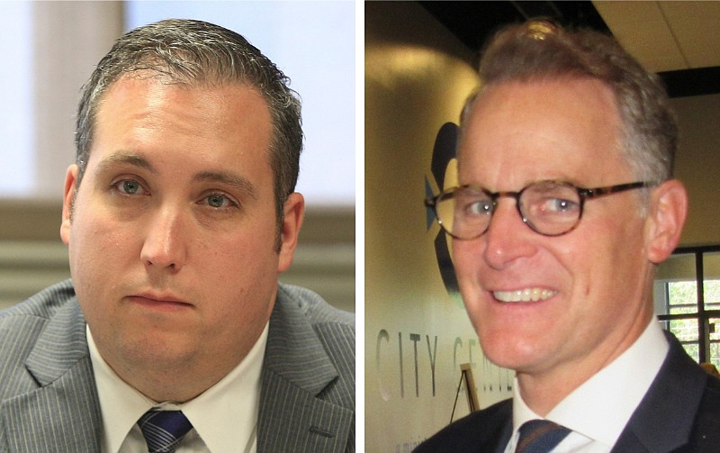 Fayetteville attorney Travis Story (left) and Steven Smith, lead pastor of Immanuel Baptist Church, are shown in these file photos from December 2016 and October 2023, respectively. (Left, Arkansas Democrat-Gazette/Staton Breidenthal; right, Arkansas Democrat-Gazette/Kimberly Dishongh)