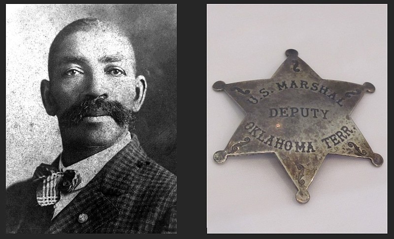 A portrait of Bass Reeves (left), the legendary deputy U.S. marshal out of Fort Smith, is shown in this undated courtesy photo (Special to the Arkansas Democrat-Gazette) The badge that belonged to famed deputy U.S. Marshal Bass Reeves (right) is shown in this undated courtesy photo, the badge was donated
to the Marshals Service Museum by Reeves' great-nephew retired
federal Administrative Law Judge Paul Brady and his wife Xernona. (Arkansas
Democrat-Gazette/DAVE HUGHES)