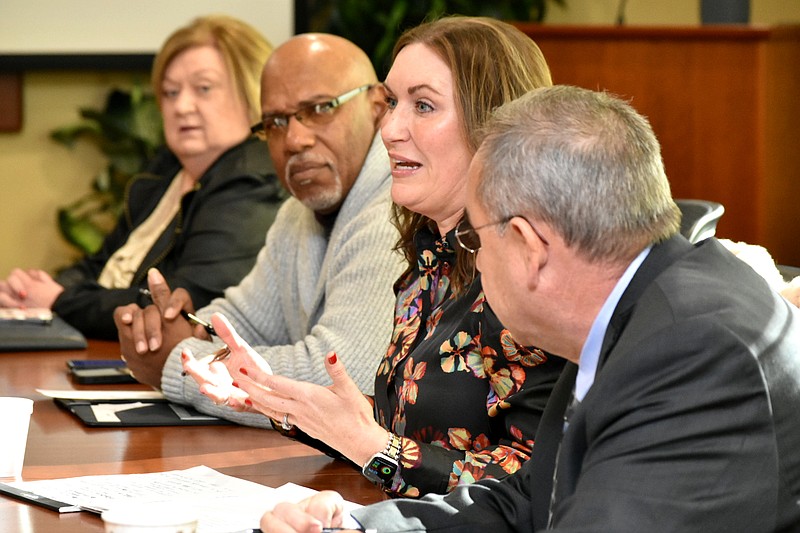 Rebecca Pittillo, second from right, leads Southeast Arkansas College's board meeting Thursday, Dec. 28, 2023. From left are Vice President for Fiscal Affairs Debbie Wallace, board trustees Lamont Davis, Pittillo and Rob Cheatwood. (Pine Bluff Commercial/I.C. Murrell)