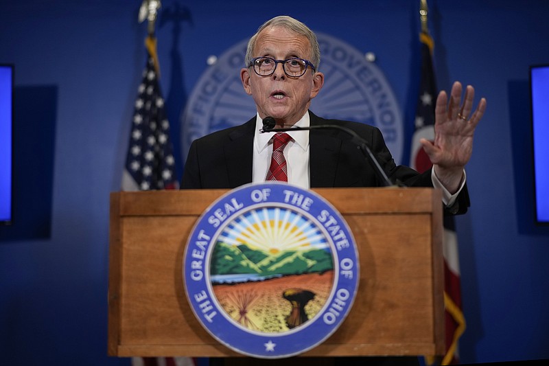 Ohio Gov. Mike DeWine speaks Friday during a news conference in Columbus, Ohio, after vetoing a measure that would have banned gender-affirming care for minors and transgender athletes’ participation in girls and women’s sports.
(AP/Carolyn Kaster)