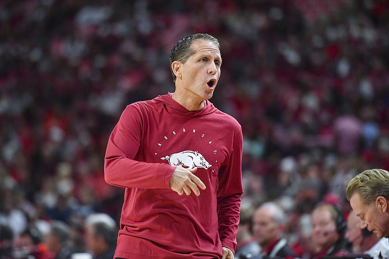 Arkansas head coach Eric Musselman reacts, Saturday, Dec. 30, 2023, during the first half of the Razorbacks’ 106-90 win over the North Carolina-Wilmington Seahawks at Bud Walton Arena in Fayetteville. Visit nwaonline.com/photo for today’s photo gallery..(NWA Democrat-Gazette/Hank Layton)