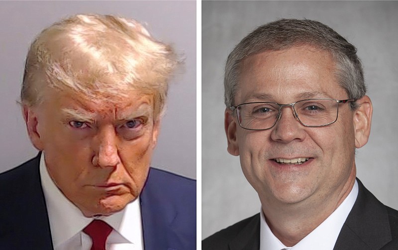Former President Donald Trump and Arkansas Secretary of State John Thurston are shown in these undated file photos. (Left, Fulton County sheriff's office via AP; right, courtesy photo)