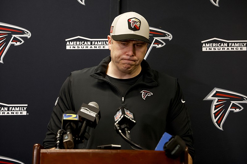 Arthur Smith speaks during a press conference after an NFL football game Sunday, Jan. 7, 2024, in New Orleans. (AP Photo/Butch Dill)