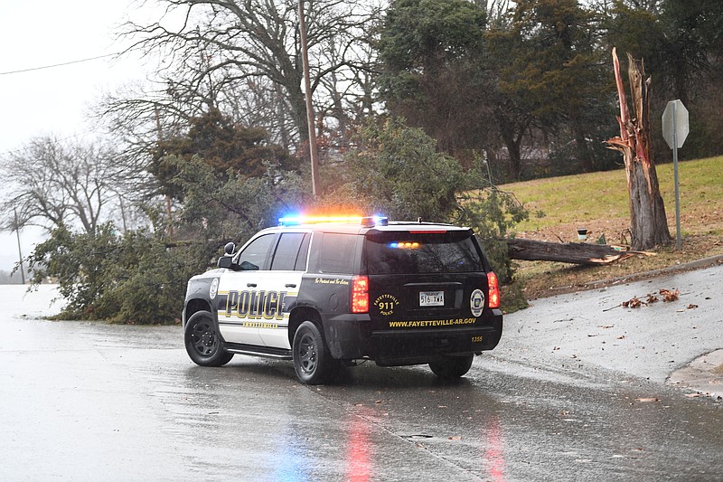 A Fayetteville Police vehicle blocks the northbound lanes Monday, Jan. 8, 2024, of School Avenue near Lester Street after a large cedar tree fell onto the roadway. High winds in the morning were followed by rain for much of the day with snow expected overnight. Visit nwaonline.com/photo for today's photo gallery..(NWA Democrat-Gazette/Andy Shupe)