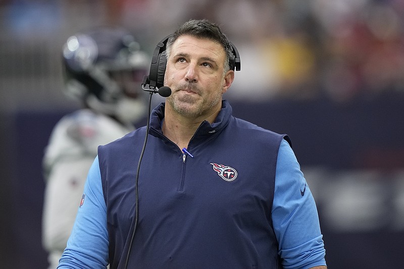 Tennessee Titans head coach Mike Vrabel looks out from the sideline during the first half of an NFL football game against the Houston Texans, Sunday, Dec. 31, 2023, in Houston. (AP Photo/David J. Phillip)