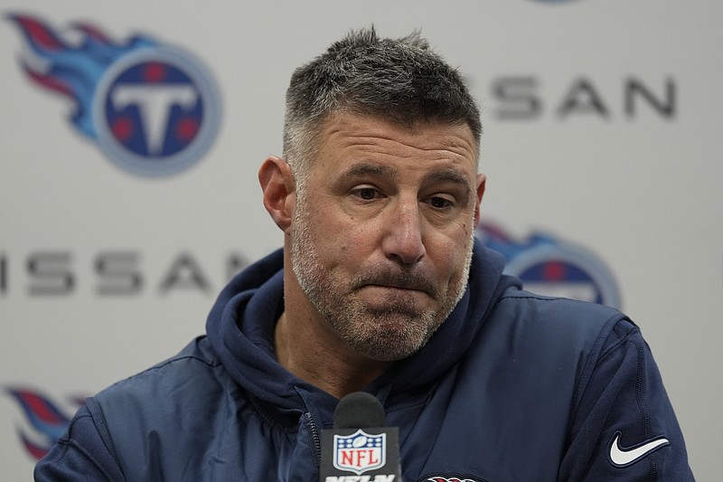 Tennessee Titans head coach Mike Vrabel responds to questions during a news conference after the team's NFL football game against the Jacksonville Jaguars, Sunday, Jan. 7, 2024, in Nashville, Tenn. (AP Photo/George Walker IV)