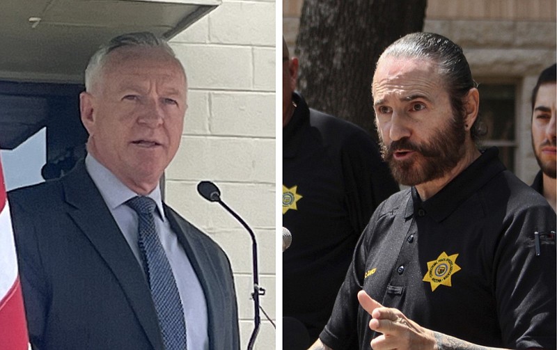 Joe Profiri (left), then secretary of the Arkansas Department of Corrections, and Carlos Garcia of the Arizona Correctional Peace Officers Association are shown in these file photos from April 2023 and April 2019, respectively. (Left, Arkansas Democrat-Gazette/Will Langhorn; right, AP/Bob Christie)