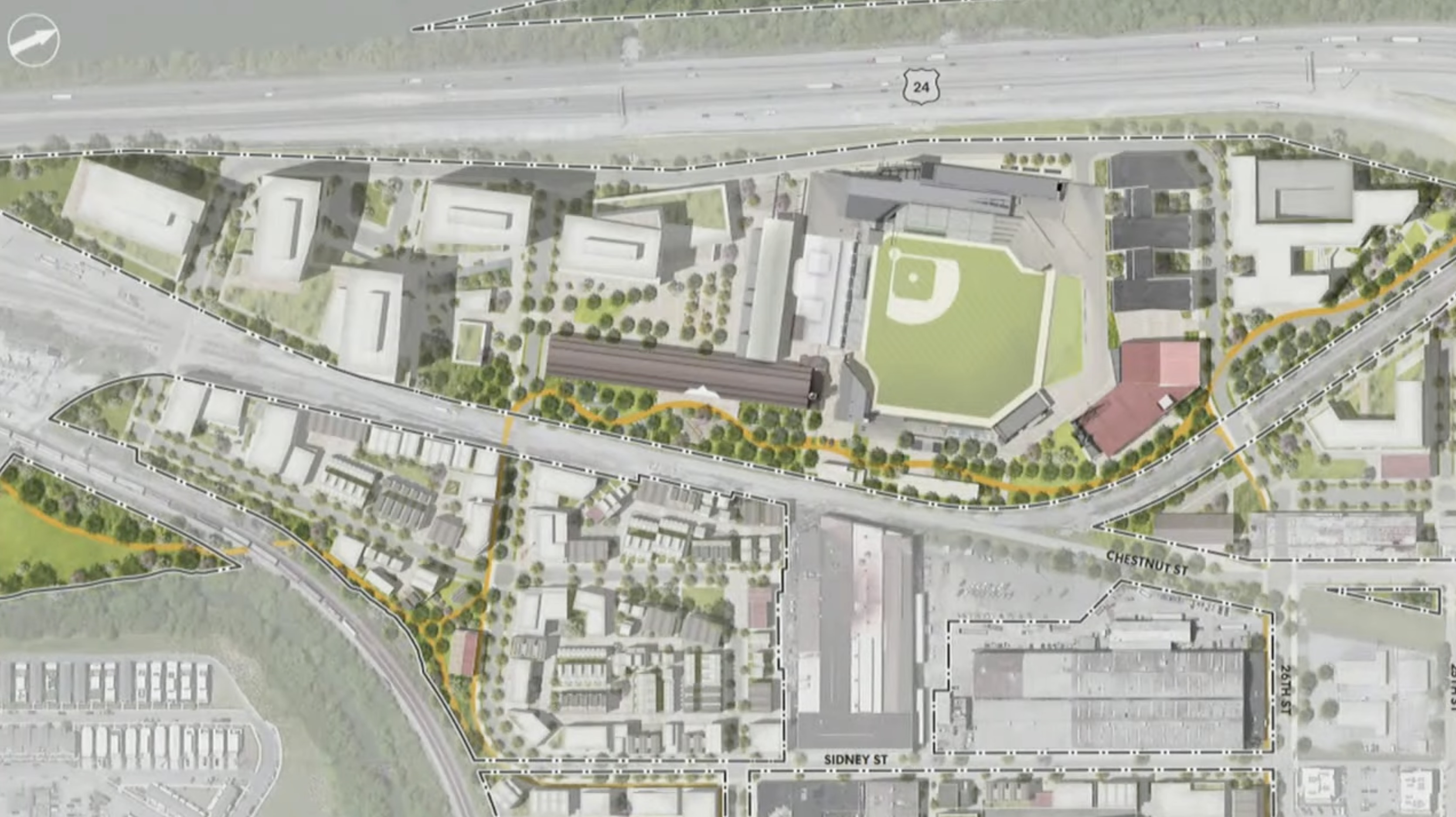 This map was shown by New City Properties President Jim Irwin to the Sports Authority on Thursday for a proposed new Chattanooga Lookouts stadium development district.