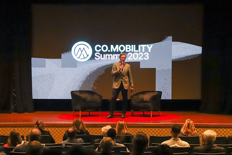 Staff photo by Olivia Ross / Mayor Tim Kelly speaks to the audience. AOL Co-Founder and Revolution Chairman and CEO Steve Case gave the keynote speech at The Company Lab’s inaugural CO.MOBILITY Summit at UT Chattanooga on Wednesday, May 10, 2023.