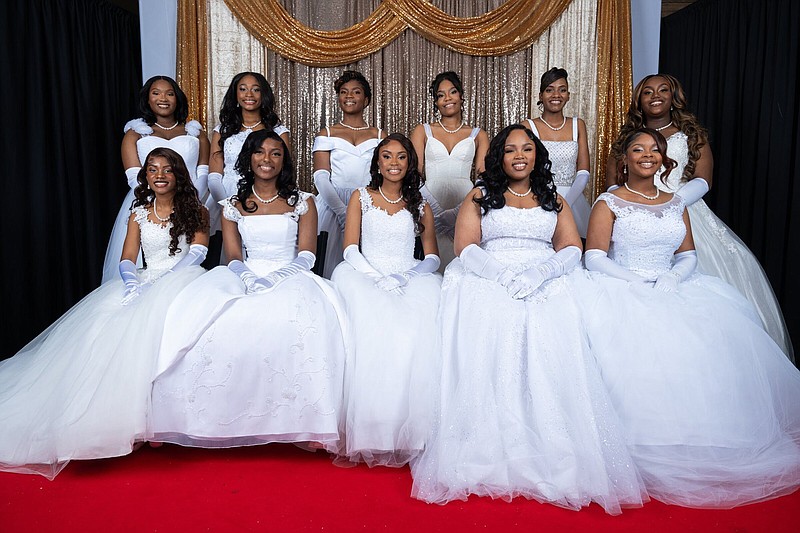 00055 - Group 2..(Front row) Asya Williams, Kendall McFadden, Summer Porter, Sydnie Washington and Bria Anderson with (back row) Kennedi Scaife, Mahari McGowan, NaKiya Millen, Braya Jackson, Deondria Pearson and Jaila Green at the 73rd annual Debutante Ball, held Dec. 6, 2023, at The Venue at Westwind in North Little Rock. The ball was presented by the Central Arkansas Sphinx Foundation and the Pi Lambda Chapter of Alpha Phi Alpha Fraternity Inc..(Special to the Democrat-Gazette/Contemporary Imaging/Randall Lee)
