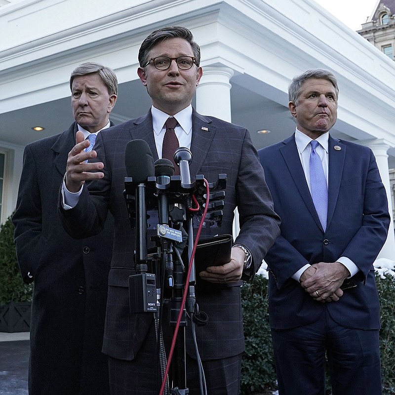 House Speaker Mike Johnson, R-La., (center) with Rep. Mike Turner, R-Ohio (left) and Rep. Mike Rogers, R-Ala., speaks to reporters outside the West Wing of the White House in Washington, Wednesday after their meeting with President Joe Biden.
(AP/Susan Walsh)