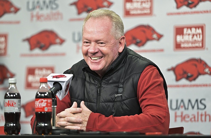 Offensive Coordinator Bobby Petrino speaks, Thursday, November 30, 2023 during a press conference at the Broyles Athletic Center in Fayetteville. Visit nwaonline.com/photos for today's photo gallery...(NWA Democrat-Gazette/Charlie Kaijo)