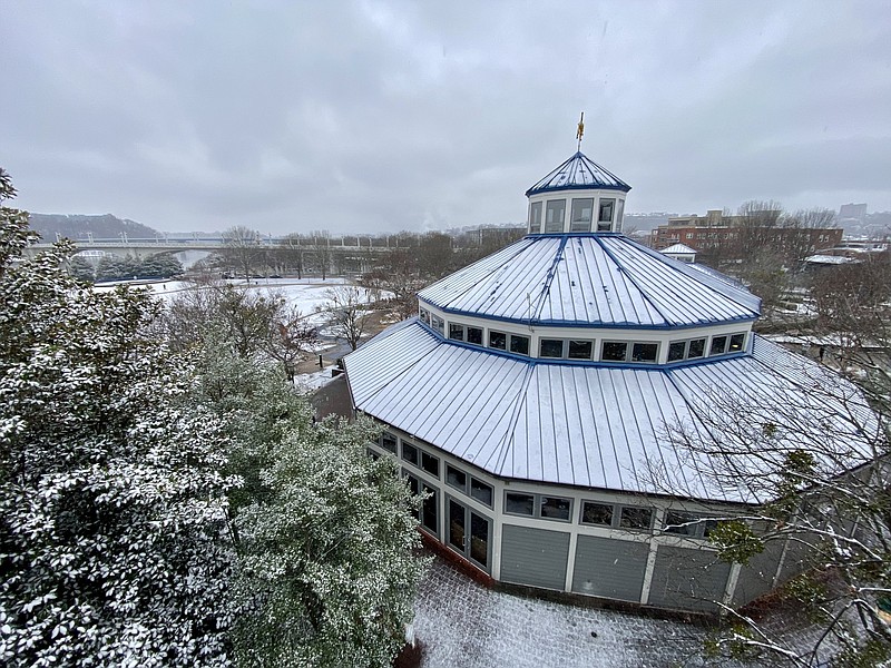 Staff Photo by Kathy Bradshaw / View of snow-covered Coolidge Park and the Market Street Bridge in the distance.