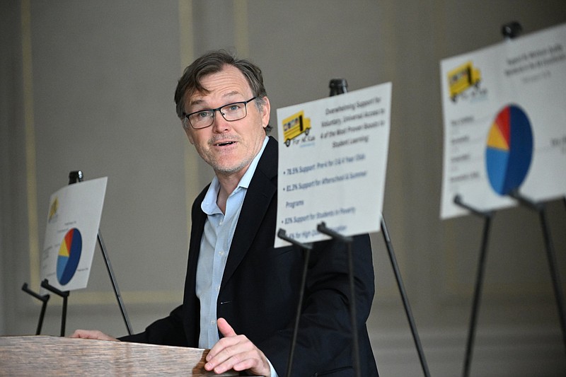 Bill Kopsky, executive director of the Arkansas Public Policy Panel, speaks during the For AR Kids news conference at the state Capitol in this Dec. 21, 2023 file photo. (Arkansas Democrat-Gazette/Staci Vandagriff)
