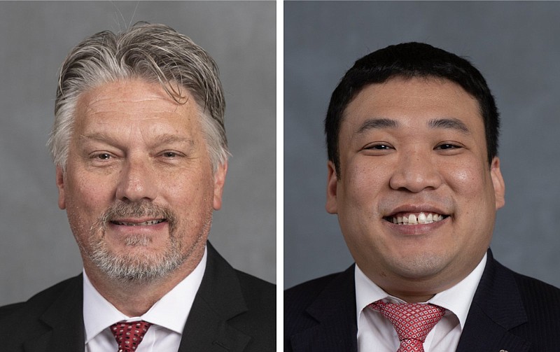 Paul Childress (left), the president of the Benton School Board and an insurance executive, and political consultant Ken Yang are shown in these undated courtesy photos. The two well-known local figures will square off in Saline County’s House District 83 Republican primary on March 5, 2024, after the pending retirement of five-term Republican state Rep. Lanny Fite. (Courtesy photos)