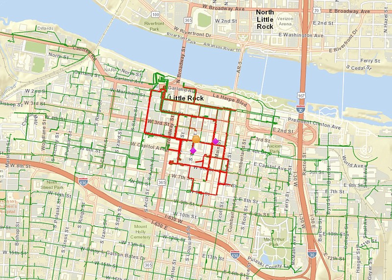 Entergy Arkansas' outage map for downtown Little Rock shows the areas that were affected by a blackout in this screenshot taken at 8:37 p.m. Sunday, Jan. 21, 2024. (Entergy Arkansas courtesy photo)