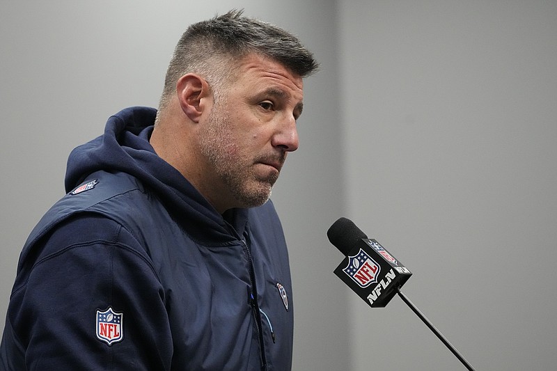 FILE - Mike Vrabel responds to questions during a news conference after the Titan's NFL football game against the Jacksonville Jaguars, Sunday, Jan. 7, 2024, in Nashville, Tenn. (AP Photo/George Walker IV)