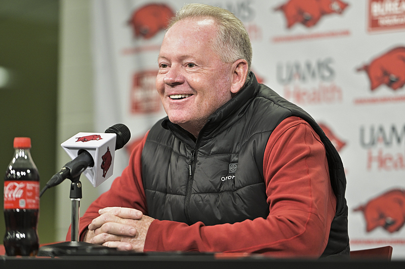Offensive Coordinator Bobby Petrino speaks, Thursday, November 30, 2023 during a press conference at the Broyles Athletic Center in Fayetteville.