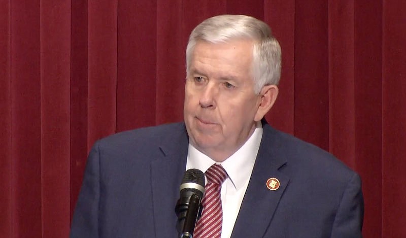 Missouri Gov. Mike Parson is shown in this screenshot from a public livestream as he begins his State of the State Address at the state Capitol before a joint session of the Missouri House and Senate on Wednesday, Jan. 24, 2024.