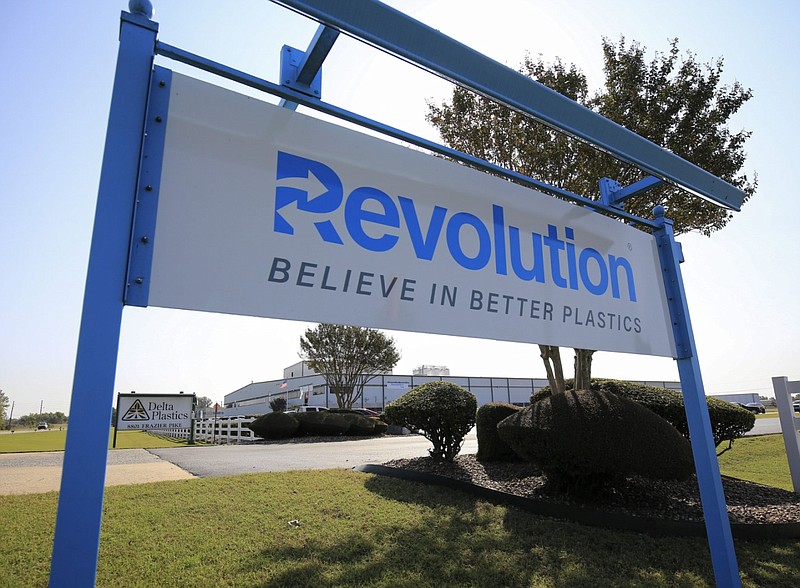 A sign for Revolution Sustainable Solutions, the parent company of Delta Plastics that's commonly called Revolution Plastics, is shown at the Little Rock Port in this Oct. 7, 2020 file photo. (Arkansas Democrat-Gazette/Staton Breidenthal)