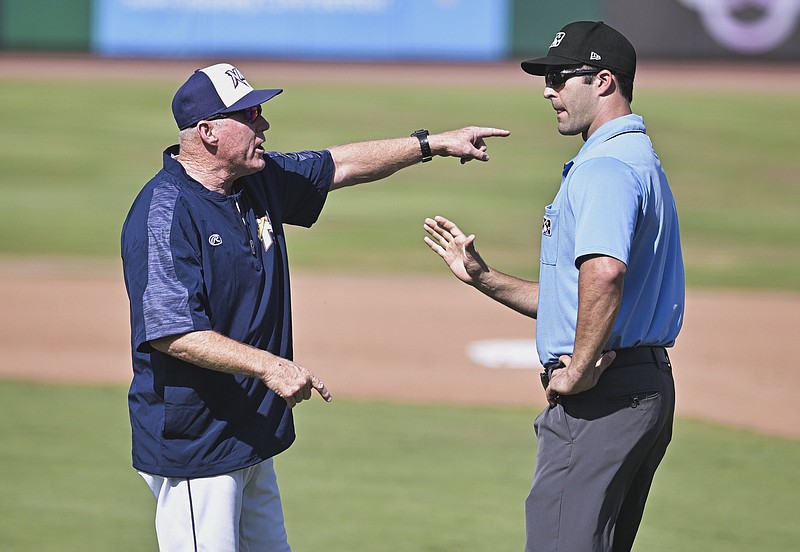 Naturals manager Tommy Shields argues with an official, Sunday, September 17, 2023 during the final Naturals game of the season at Arvest Ballpark in Springdale. Visit nwaonline.com/photos for today's photo gallery...(NWA Democrat-Gazette/Charlie Kaijo)