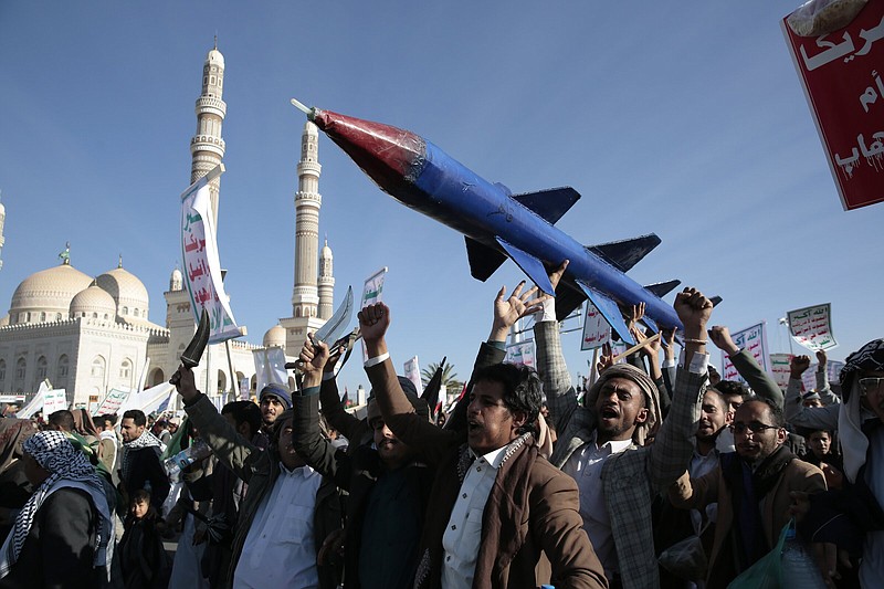 Houthi supporters attend a rally Friday in support of the Palestinians in the Gaza Strip and against the U.S.-led airstrikes on Yemen, in Sanaa, Yemen.
(AP/Osamah Abdulrahman)
