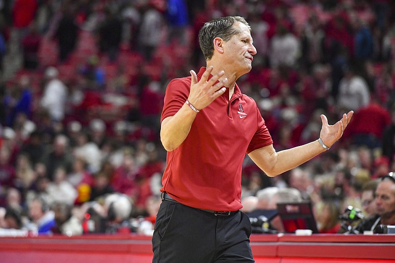 Arkansas head coach Eric Musselman reacts, Saturday, Jan. 27, 2024, during the second half of the Kentucky Wildcats’ 63-57 win over the Razorbacks at Bud Walton Arena in Fayetteville. Visit nwaonline.com/photo for today’s photo gallery..(NWA Democrat-Gazette/Hank Layton)