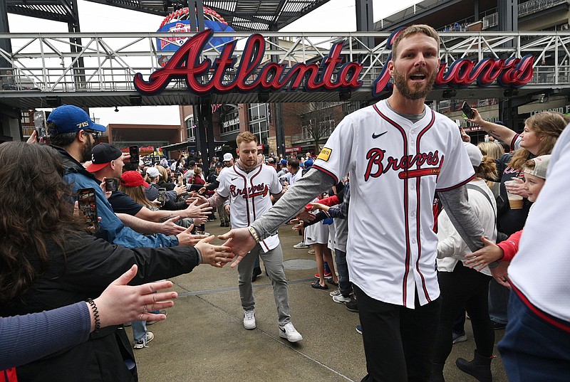 Atlanta Braves pitcher Chris Sale and outfielder Jarred Kelenic participate in Braves Fest Opening Rally at The Battery Atlanta, Saturday, Jan. 27, 2024, in Atlanta. (Hyosub Shin/The Atlanta Journal-Constitution/TNS)