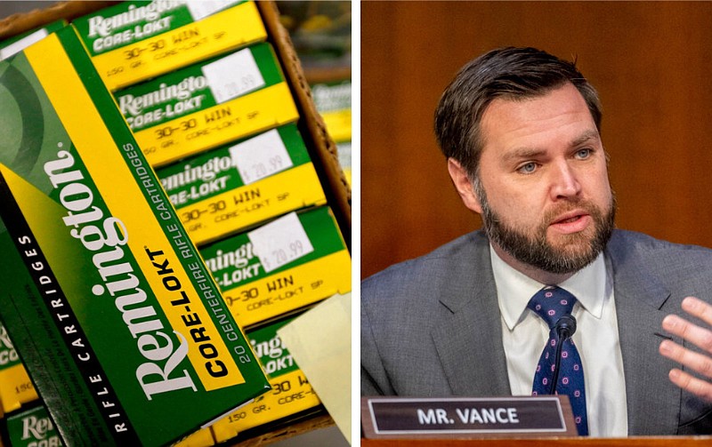 At left, Remington rifle ammunition is shown at Duke's Sport Shop in New Castle, Pa., in a March 1, 2018 file photo. At right, U.S. Sen. J.D. Vance, R-Ohio, speaks during a Senate Banking Committee hearing on Capitol Hill in Washington in a March 7, 2023 file photo. (Left, AP/Andrew Harnik; right, AP/Keith Srakocic)