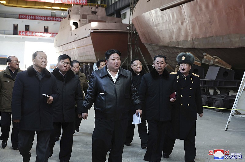 North Korean leader Kim Jong Un (center) visits a shipyard in Nampho, North Korea, on Friday.
(AP/Korea News Service/Korean Central News Agency)