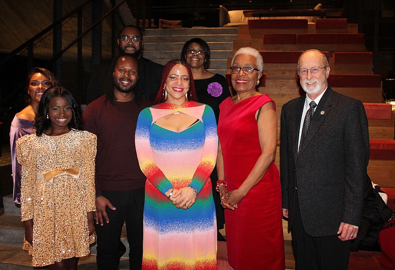 Lindsey Leverett Higgins, Northwest Arkansas MLK Council president; Jessica Bowser, Rodney Momon Youth Award honoree; Kerlee Nicolas; Chris Seaward, Council treasurer; Nikole Hannah-Jones, Recommitment Celebration special guest; Tanya Cook, Council vice president; Esther Silver-Parker; and Fayetteville Mayor Lioneld Jordan gather at the Harmony In Hues: A Gathering of the Beloved Community dinner on Jan. 13 at TheatreSquared in Fayetteville..(NWA Democrat-Gazette/Carin Schoppmeyer)
