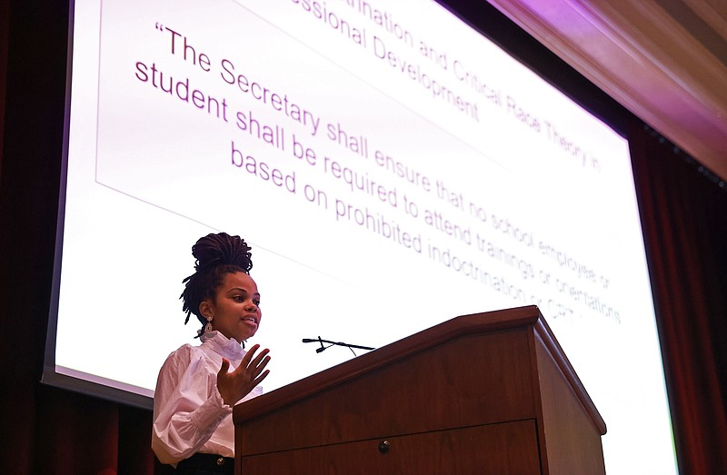 North Little Rock Middle School Principal Elise Hampton speaks during her presentation at a symposium titled "The State of Race Relations and Education in Arkansas Today" at the Mosaic Templars Cultural Center in Little Rock on Saturday, Feb. 3, 2024. (Arkansas Democrat-Gazette/Colin Murphey)