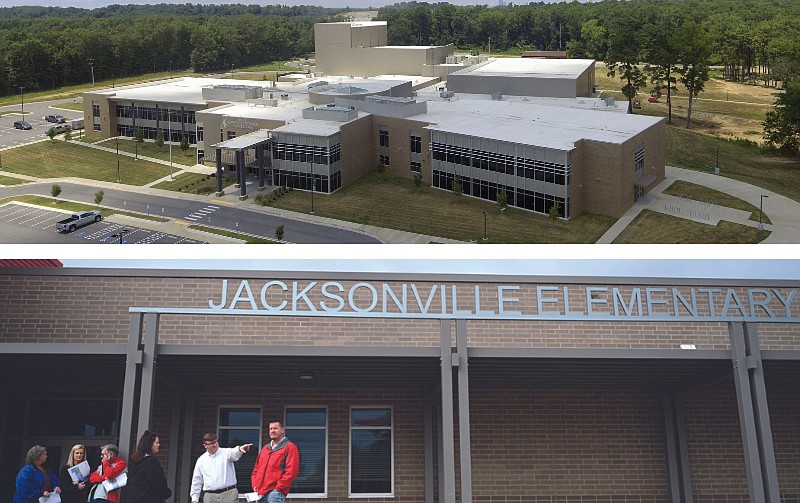 At top, the Pulaski County Special School District's Wilbur D. Mills University Studies High School on East Dixon Road is shown in a July 28, 2020 file photo. At bottom, members of the Jacksonville/North Pulaski County School Board look at the drop-off area outside the then-new Jacksonville Elementary School during a tour in a Dec. 14, 2021 file photo. (Top, Arkansas Democrat-Gazette/Staton Breidenthal; bottom, Arkansas Democrat-Gazette/Stephen Swofford)
