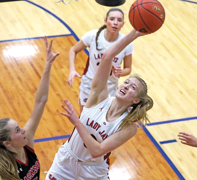 Jefferson City’s Lyssa Sportsman puts up a shot during Saturday's game against Jackson in the Central Bank Shootout at Rackers Fieldhouse. (Jason Strickland/News Tribune)