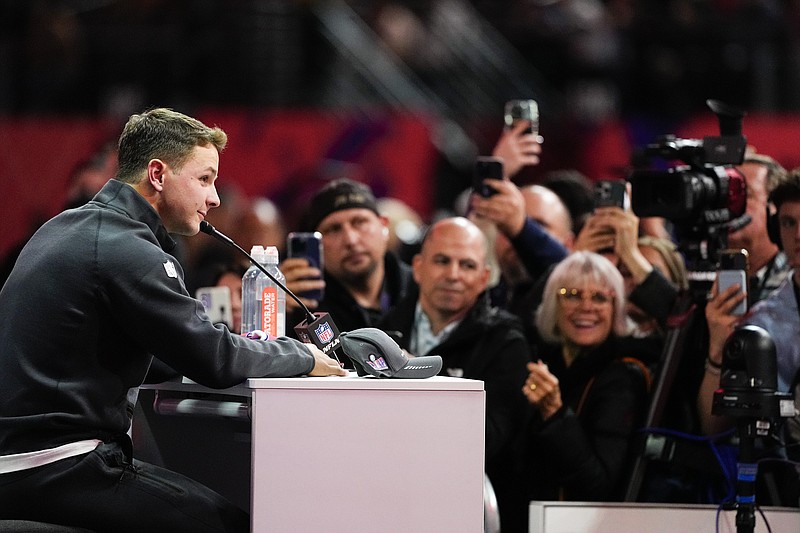 San Francisco 49ers quarterback Brock Purdy speaks to the media during NFL football Super Bowl 58 opening night Monday, Feb. 5, 2024, in Las Vegas. The San Francisco 49ers face the Kansas City Chiefs in Super Bowl 58 on Sunday. (AP Photo/Matt York)