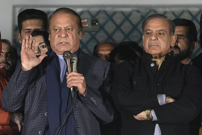 Pakistan’s Former Prime Minister Nawaz Sharif addresses supporters on Friday following initial results of the country’s parliamentary election in Lahore, Pakistan.
(AP/K.M. Chaudary)