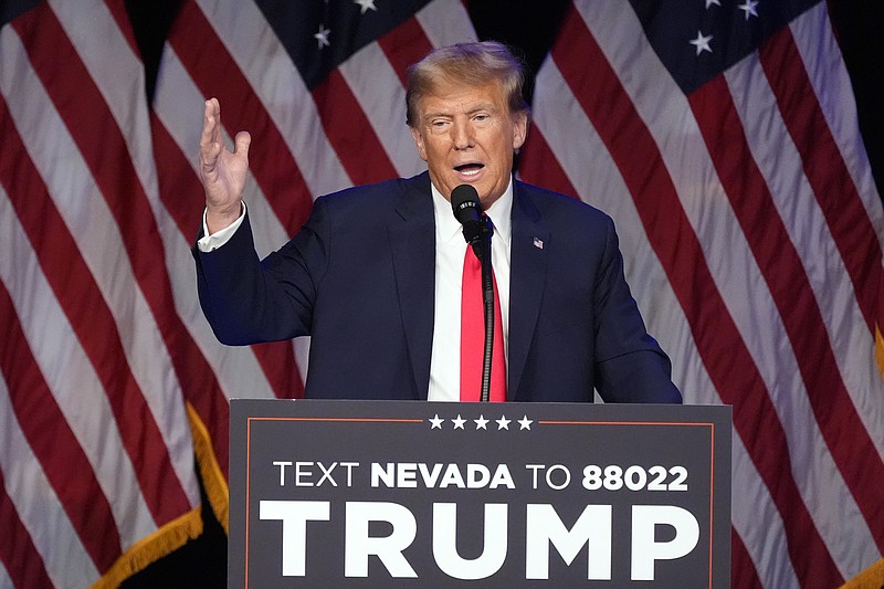 Republican presidential candidate former President Donald Trump speaks at a caucus night rally in Las Vegas, Thursday, Feb. 8, 2024. (AP Photo/Mark J. Terrill)