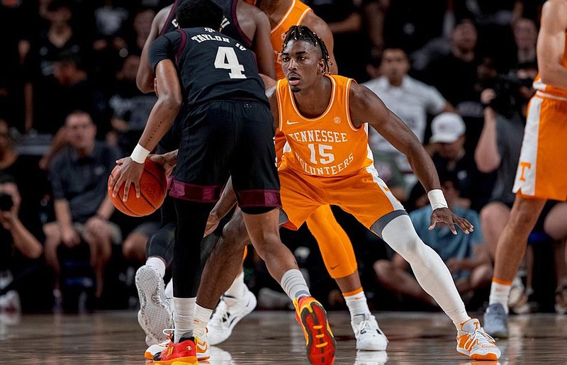 Tennessee Athletics photo / Tennessee's Jahmai Mashack guards Texas A&M's Wade Taylor IV during last February's 68-63 win by the Aggies in College Station.