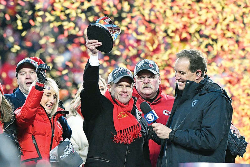 In this Jan. 19, 2020, file photo, Norma Hunt (left) and her son Clark Hunt celebrate after the AFC Championship Game victory against the Titans at Arrowhead Stadium in Kansas City. (Associated Press)