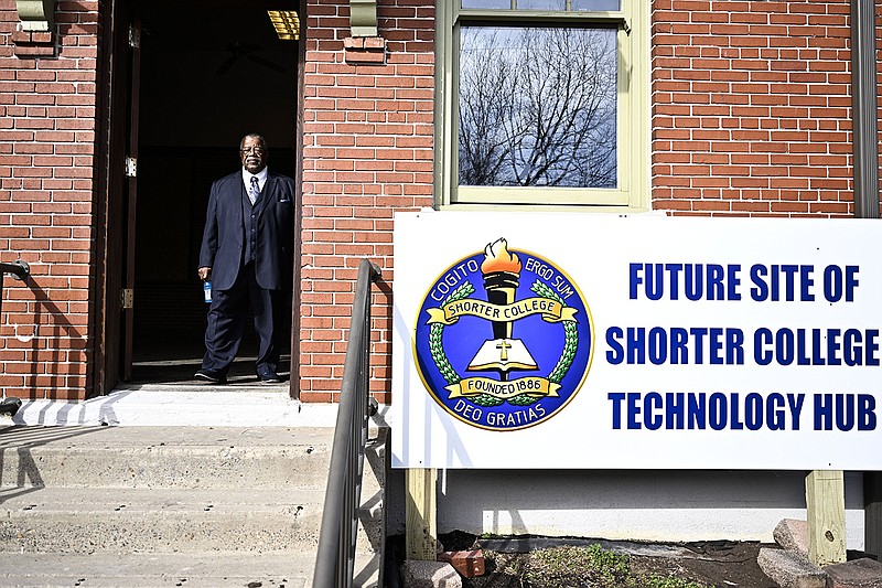 Arthur Coulter, a minister with the 12th Episcopal District AME Church, walks through the future Shorter College Technology Hub at the site of a historic railroad depot in North Little Rock during a groundbreaking ceremony on Friday, Feb. 9, 2024.(Arkansas Democrat-Gazette/Stephen Swofford)