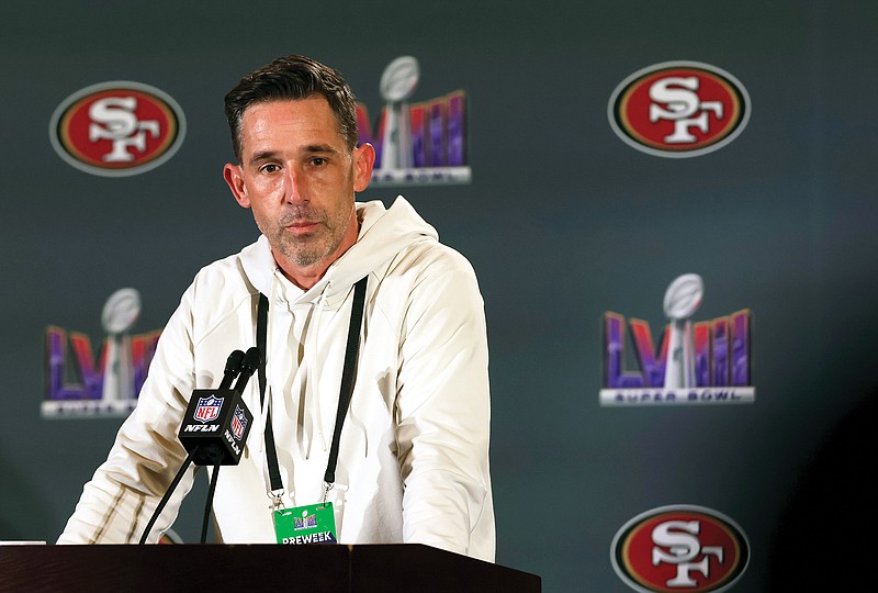 49ers head coach Kyle Shanahan listens to a reporter's question during a news conference Tuesday in Las Vegas. (San Francisco Chronicle via the Associated Press)