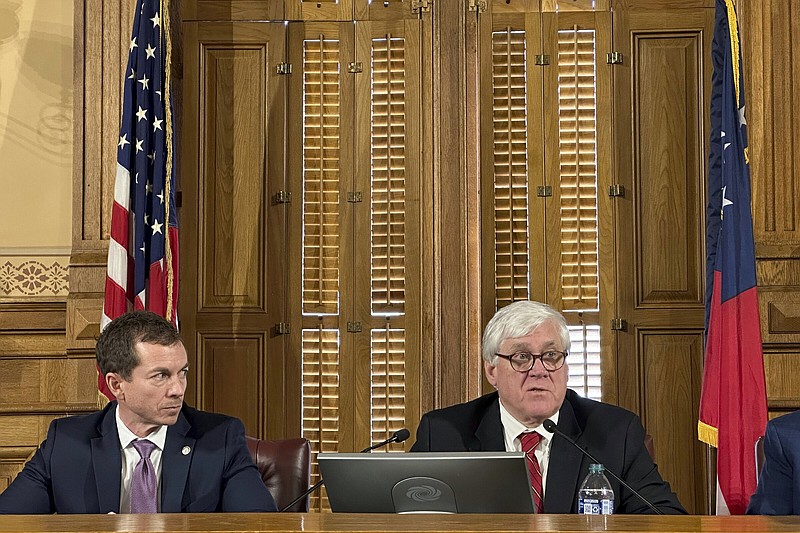 Georgia state Sen. Bill Cowsert, R-Athens, (right) speaks Friday as state Sen. Greg Dolezal, R-Cumming, listens at the Georgia Capitol in Atlanta during the first meeting of a state Senate committee to investigate Fulton County District Attorney Fani Willis.
(AP/Jeff Amy)
