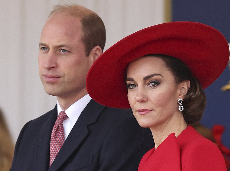 Britain's Prince William, left, and Britain's Kate, Princess of Wales, attend a ceremonial welcome for the President and the First Lady of the Republic of Korea at Horse Guards Parade in London, England on Nov. 21, 2023. 
(Chris Jackson/Pool Photo via AP, File)