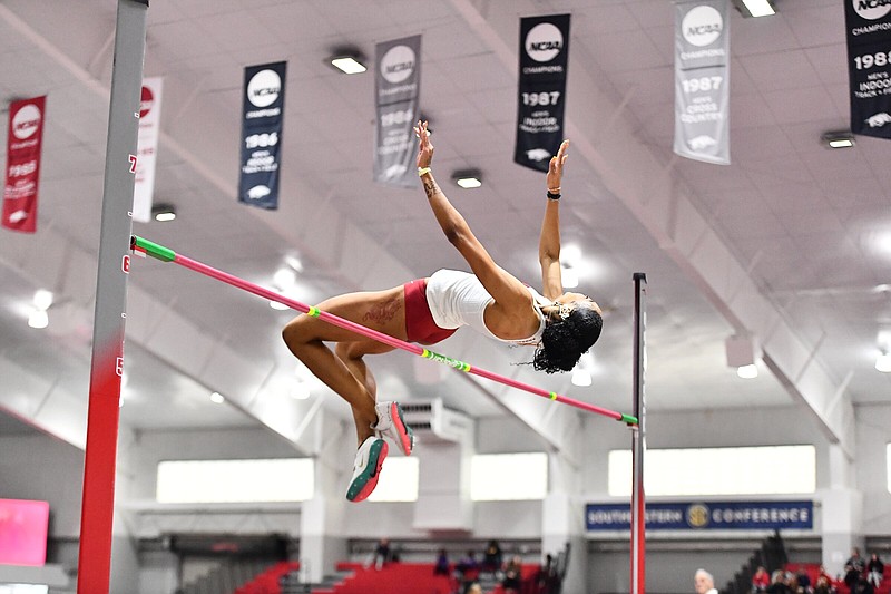 University of Arkansas junior Rachel Glenn competes in the high jump this weekend at the Tyson Invitational in Fayetteville. Glenn moved into the top-10 all-time for the Razorbacks in three events.
(Arkansas Athletics/Sadie Rucker)