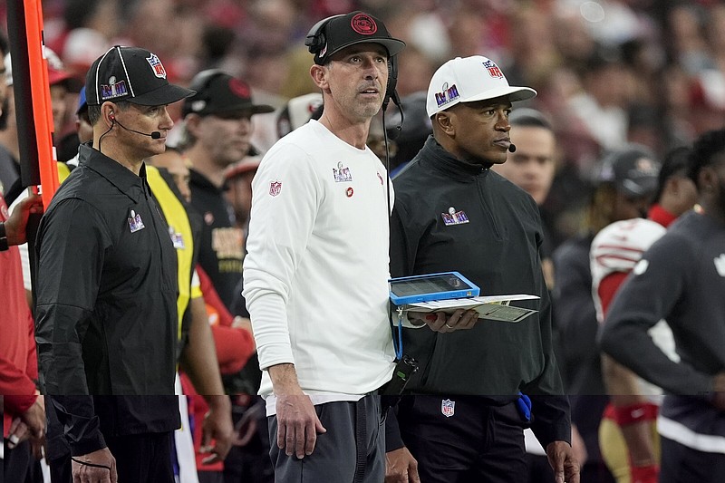 San Francisco 49ers Coach Kyle Shanahan watches a play Sunday during Super Bowl LVIII against the Kansas City Chiefs in Las Vegas. The Niners decided to take the ball first in overtime after winning the coin toss, but they were only able to score a field goal and left the door open to the Chiefs’ game-winning drive.
(AP/George Walker IV)